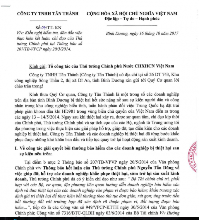 Đơn kiến nghị của Cty T&acirc;n Th&agrave;nh.