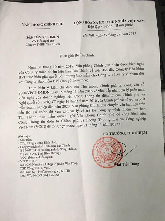 &nbsp;C&ocirc;ng văn số 11800/VPCP-DMDN cho biết đ&atilde; gửi kiến nghị của DN đến Bộ T&agrave;i ch&iacute;nh để xem x&eacute;t, xử l&yacute; v&agrave; trả lời Cty TNHH T&acirc;n Th&agrave;nh