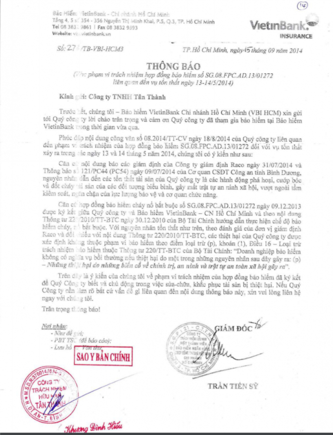 Văn bản VBI Hồ Ch&iacute; Minh gửi Cty T&acirc;n Th&agrave;nh.