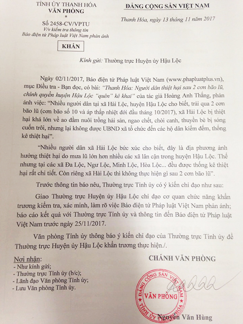 C&ocirc;ng văn khẩn của Tỉnh ủy Thanh H&oacute;a chỉ đạo l&agrave;m r&otilde; việc