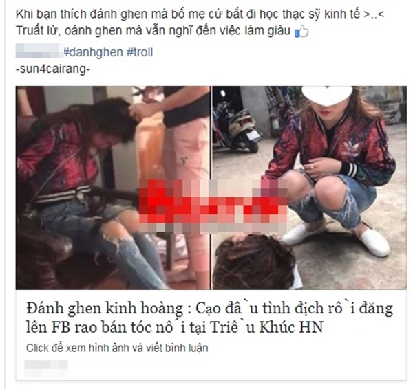 Vụ đ&aacute;nh ghen hiện đ&atilde; được nhiều fanpage chia sẻ.