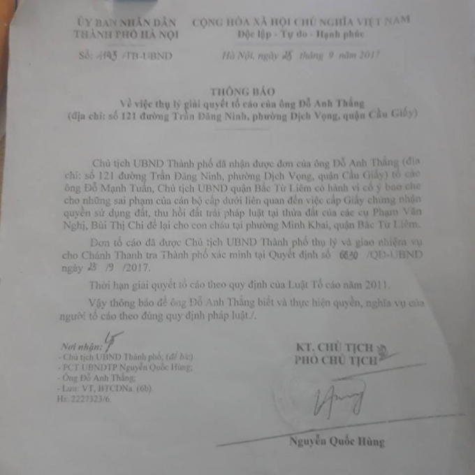 Thanh tra Th&agrave;nh phố v&agrave;o cuộc x&aacute;c minh đơn thư của bạn đọc Đỗ Anh Thắng.