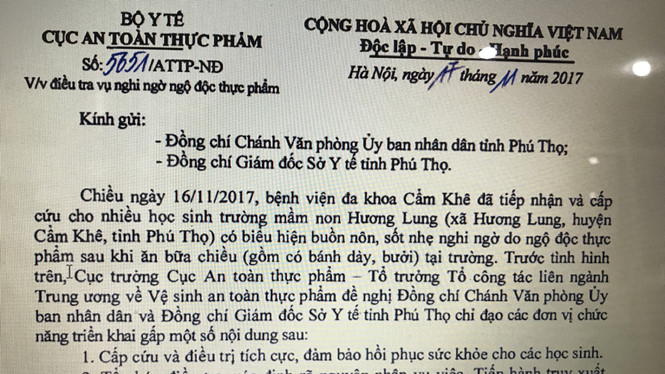 C&ocirc;ng văn của Cục ANTP (Bộ Y tế) y&ecirc;u cầu Sở Y tế Ph&uacute; Thọ khẩn trương l&agrave;m r&otilde; nguy&ecirc;n nh&acirc;n hơn 100 trẻ mầm non bị ngộ độc thực phẩm chiều ng&agrave;y 16/11.
