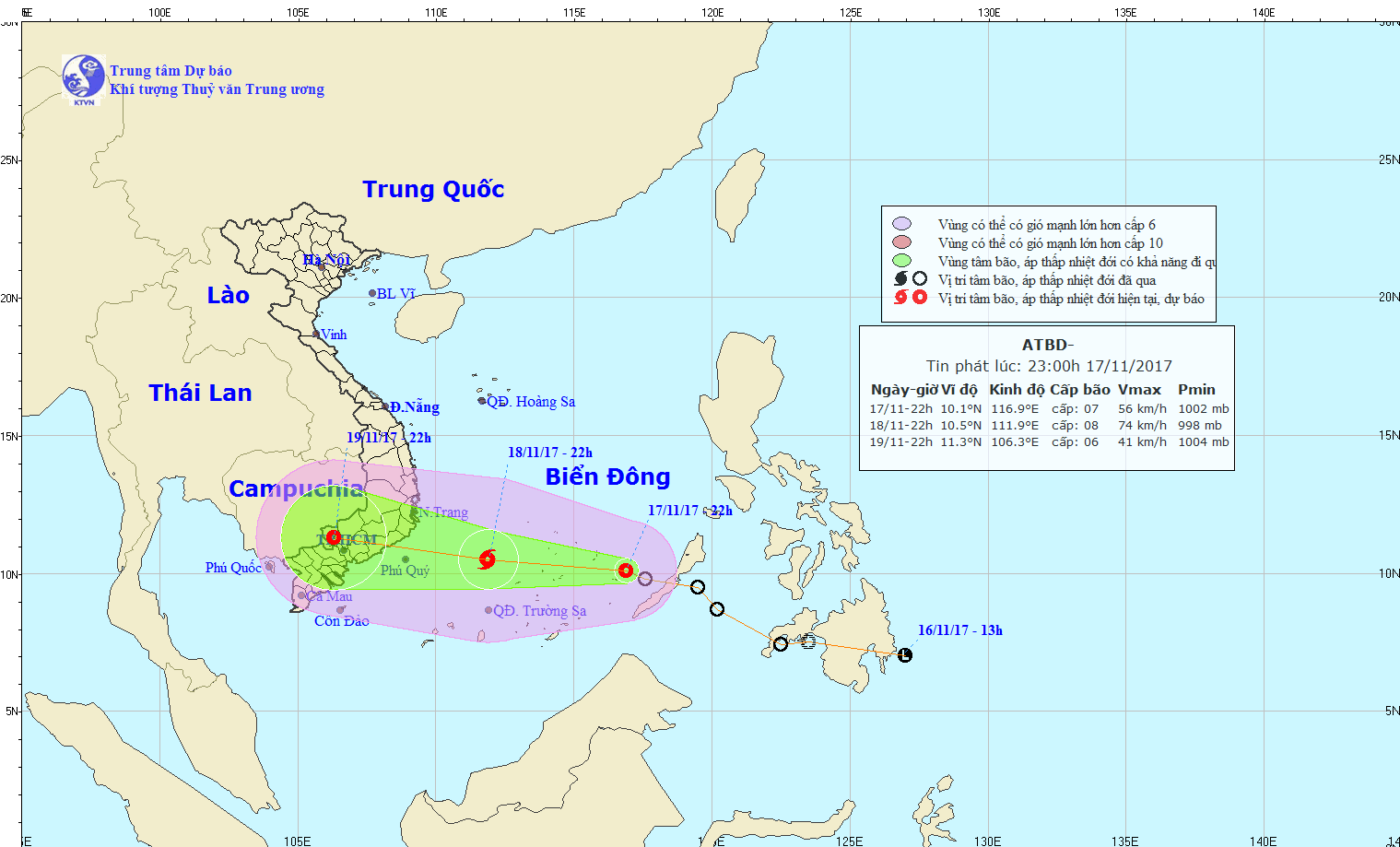Dự b&aacute;o vị tr&iacute;, hướng đi của &aacute;p thấp nhiệt đới. Ảnh: nchmf.gov.vn