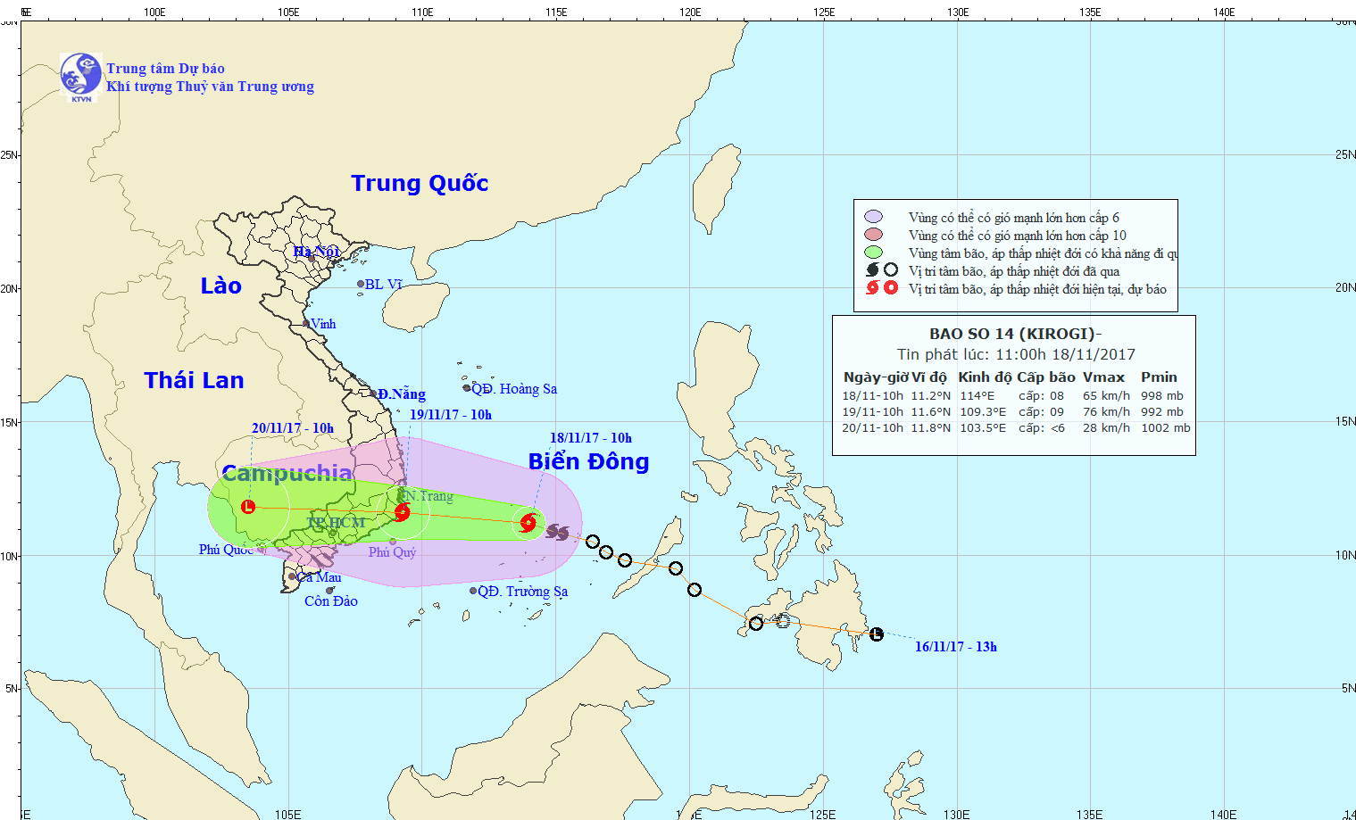 Dự b&aacute;o vị tr&iacute;, hướng đi của cơn b&atilde;o số 14. Ảnh: nchmf.gov.vn