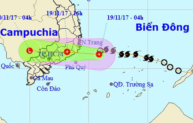 Vị tr&iacute; v&agrave; hướng di chuyển của &aacute;p thấp nhiệt đới. (Ảnh: NCHMF).