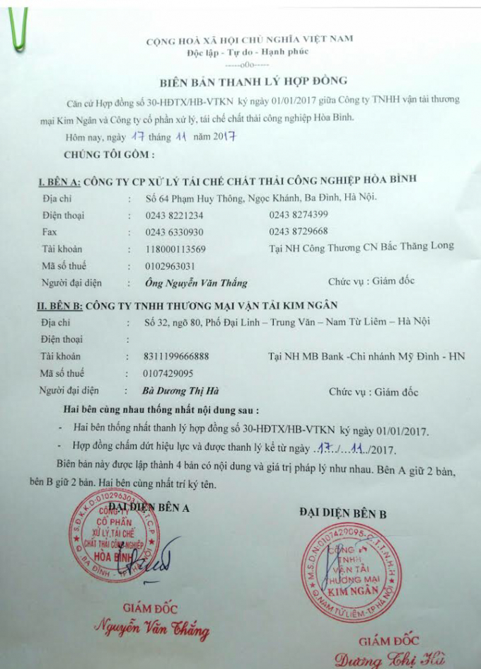 Bl&ecirc;n bản thanh l&yacute; hợp đồng giữa&nbsp;C&ocirc;ng ty Kim Ng&acirc;n v&agrave; C&ocirc;ng ty H&ograve;a B&igrave;nh