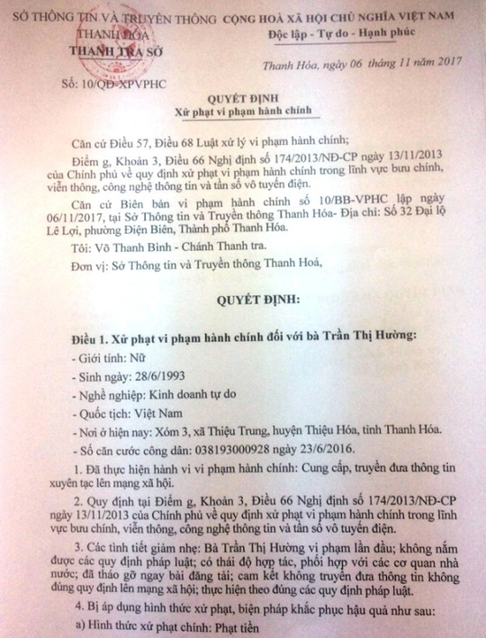 Quyết định xử phạt h&agrave;nh ch&iacute;nh 5 triệu đồng đối với c&ocirc; g&aacute;i 9X tung tin bắt c&oacute;c c&acirc;u like. Ảnh: Người lao động.