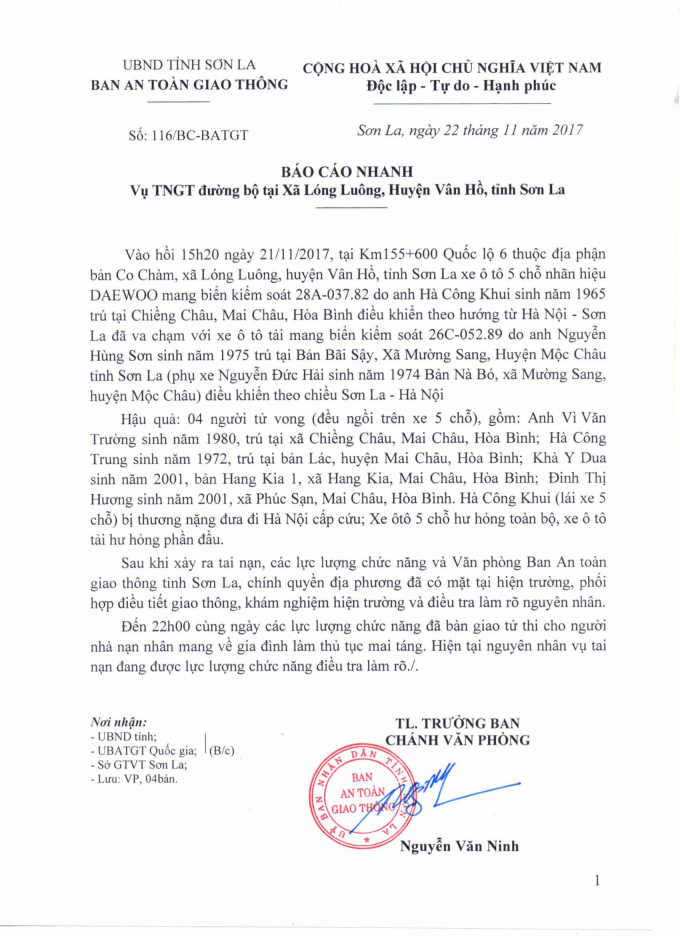 B&aacute;o c&aacute;o của Ban ATGT tỉnh Sơn La.