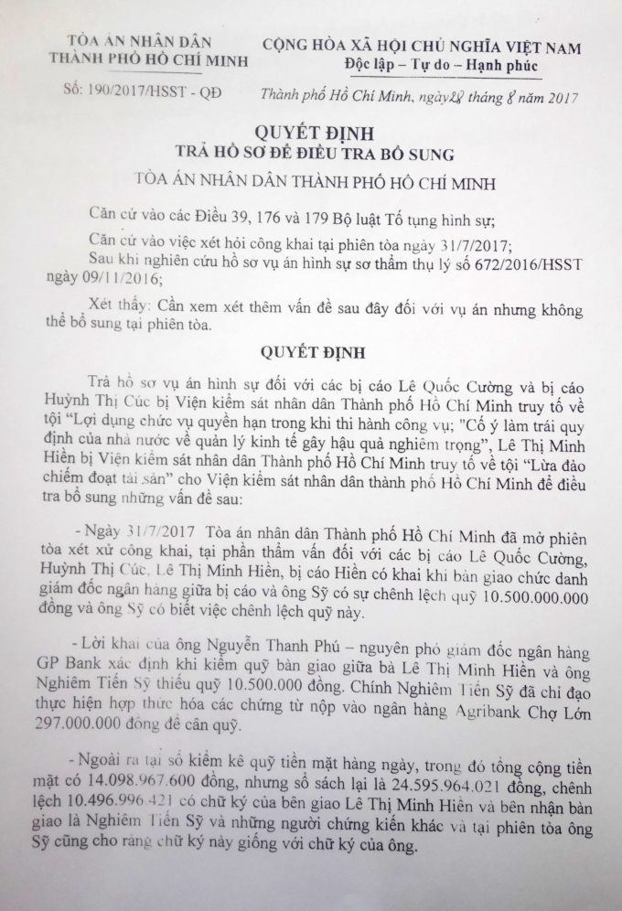 Vụ cựu gi&aacute;m đốc GPBank TP HCM bị truy tố tội &ldquo;lừa đảo chiếm đoạt t&agrave;i sản&rdquo;: T&ograve;a đề nghị l&agrave;m r&otilde; tr&aacute;ch nhiệm của &ocirc;ng Nghi&ecirc;m Tiến Sỹ