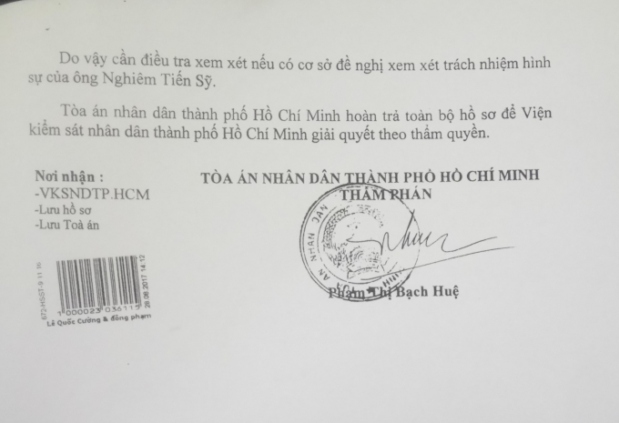 Quyết định của TAND TP HCM ng&agrave;y 28/8/2017: