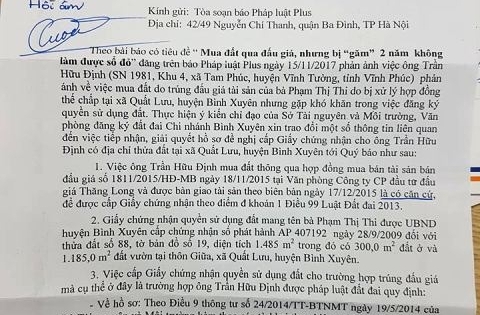 Tỉnh Vĩnh Phúc phản hồi gấp vụ “găm” hồ sơ 2 năm không làm được sổ đỏ sau khi Pháp Luật Plus đăng tải