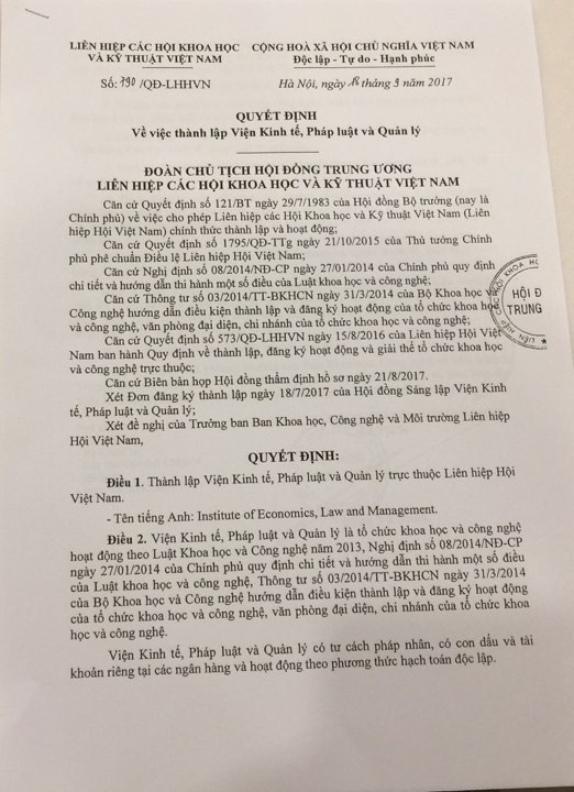 QĐ số 790 về việc th&agrave;nh lập Viện Kinh tế, Ph&aacute;p luật v&agrave; Quản l&yacute;.
