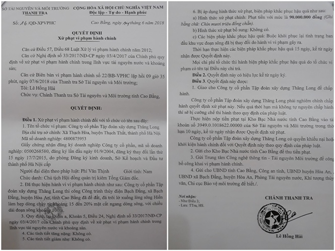 Chủ đầu tư c&ocirc;ng tr&igrave;nh thủy điện Bạch Đằng bị phạt vi phạm h&agrave;nh ch&iacute;nh v&igrave; để đất đ&aacute; tr&agrave;n xuống s&ocirc;ng.