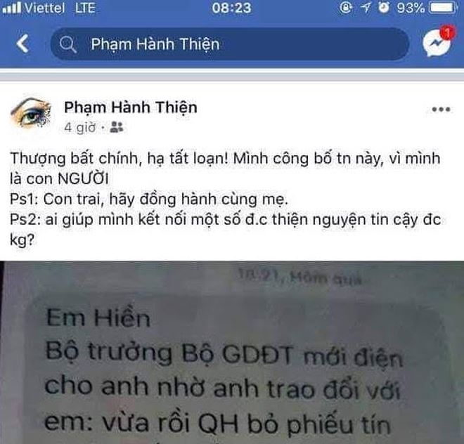 D&ograve;ng trạng th&aacute;i được cho l&agrave; của nữ Đại biểu QH Ph&uacute; Y&ecirc;n đăng tr&ecirc;n Facebook c&aacute; nh&acirc;n sau đ&oacute; đ&atilde; được r&uacute;t xuống.