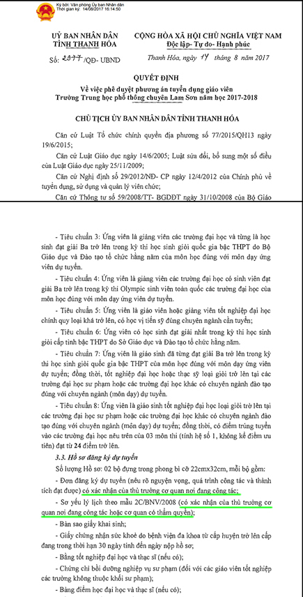 4 hồ sơ gi&aacute;o vi&ecirc;n dự tuyển đ&atilde; thiếu ti&ecirc;u chuẩn so với Quyết định 2977/QĐ-UBND ng&agrave;y 17/8/2017 của UBND tỉnh Thanh H&oacute;a