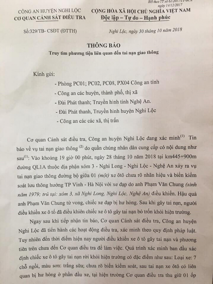C&ocirc;ng an huyện Nghi Lộc ra th&ocirc;ng b&aacute;o truy t&igrave;m người điều khiển v&agrave; phương tiện g&acirc;y tai nạn.