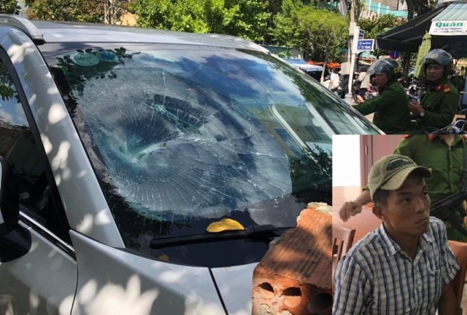Phước (ảnh nhỏ) c&oacute; biểu hiện ng&aacute;o đ&aacute; khi đập vỡ cửa k&iacute;nh xe &ocirc; t&ocirc; Mazda CX-5. Ảnh: N.K.