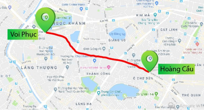 Bản đồ chi tiết 2,2 km Ho&agrave;ng Cầu - Voi Phục chuẩn bị được thi c&ocirc;ng mở rộng. Ảnh: Google Maps.