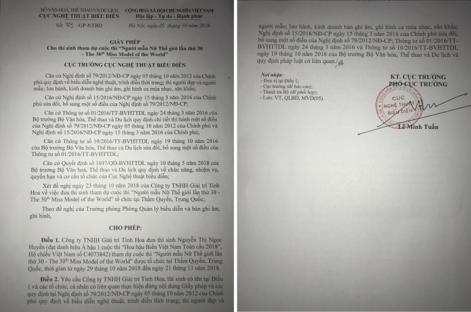 Giấy ph&eacute;p Cục Nghệ thuật biểu diễn cấp cho th&iacute; sinh tham dự&nbsp;cuộc thi &ldquo;Người mẫu nữ Thế giới lần thứ 30 - The 30th Miss Model of the World&rdquo;.