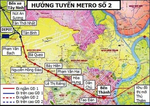 Sơ đồ đường đi của tuyến metro số 2. Ảnh:&nbsp;BQL Đường sắt đ&ocirc; thị TP HCM.