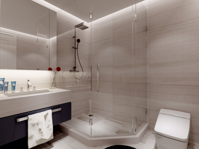 C&aacute;c thiết bị vệ sinh hiện đại đến từ thương hiệu nổi tiếng. Sự phối m&agrave;u đồng nhất từ lavabo đến gương, k&iacute;nh ph&ograve;ng tắm đứng với đ&aacute; ốp tường granite tự nhi&ecirc;n