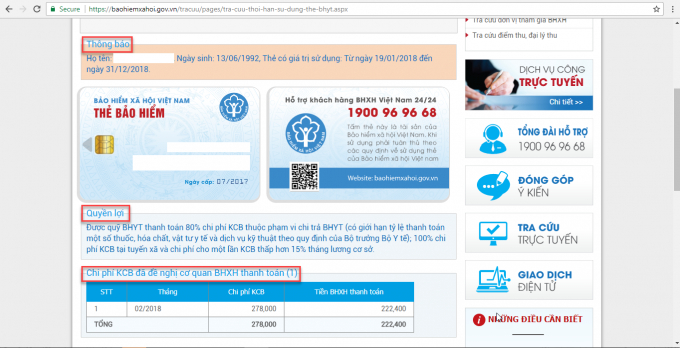 Kết quả tra cứu thời hạn sử dụng thẻ BHYT (Ảnh minh họa).