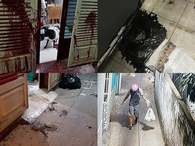 Những h&igrave;nh ảnh nh&agrave; chị Tr. li&ecirc;n tục&nbsp;bị tạt mắm t&ocirc;m, dầu&nbsp;nhớt&hellip; trong suốt thời gian qua v&agrave; h&igrave;nh ảnh camera ghi lại kẻ t&igrave;nh nghi. &nbsp;(Ảnh do gia đ&igrave;nh cung cấp)