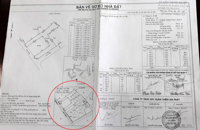 Hồ sơ t&aacute;ch thửa đối với diện t&iacute;ch đất của c&aacute;c c&aacute; nh&acirc;n nhận chuyển nhượng một phần thửa đất tr&ecirc;n đ&atilde; ho&agrave;n tất theo bản vẽ sơ đồ nh&agrave; đất lập ng&agrave;y 27/11/2017, c&oacute; x&aacute;c nhận của Chi nh&aacute;nh Văn ph&ograve;ng Đăng k&yacute; đất đai quận 9 ng&agrave;y 10/12/2017 (đ&atilde; kiểm tra nội nghiệp) thể hiện c&oacute; nhiều thửa đất ph&acirc;n chiết kh&ocirc;ng nằm trong phạm vi thửa đất tranh chấp.