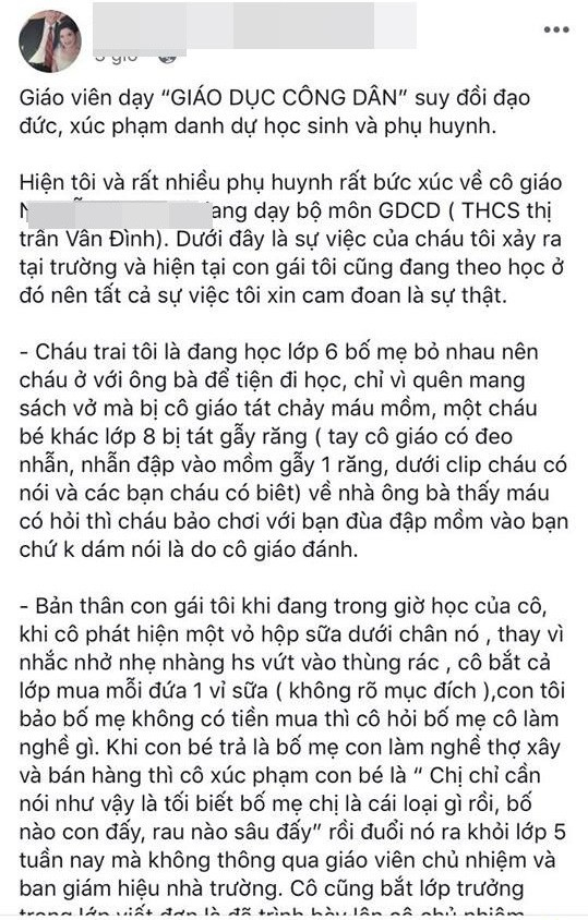 Tố c&aacute;o của phụ huynh học sinh tr&ecirc;n mạng x&atilde; hội về vụ việc.