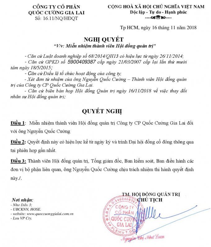 Hội đồng quản trị QCG đ&atilde; thống nhất việc miễn nhiệm chức vụ th&agrave;nh vi&ecirc;n HĐQT đối với &ocirc;ng Nguyễn Quốc Cường (ảnh chụp m&agrave;n h&igrave;nh)&nbsp;