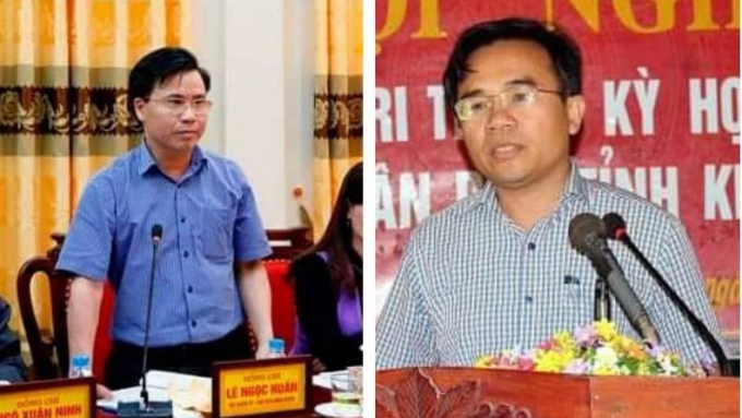 &Ocirc;ng L&ecirc; Ngọc Huấn, Chủ tịch huyện Hương Kh&ecirc; (tr&aacute;i) v&agrave; &ocirc;ng B&ugrave;i Quang Ho&agrave;n, Chủ tịch huyện Kỳ Anh