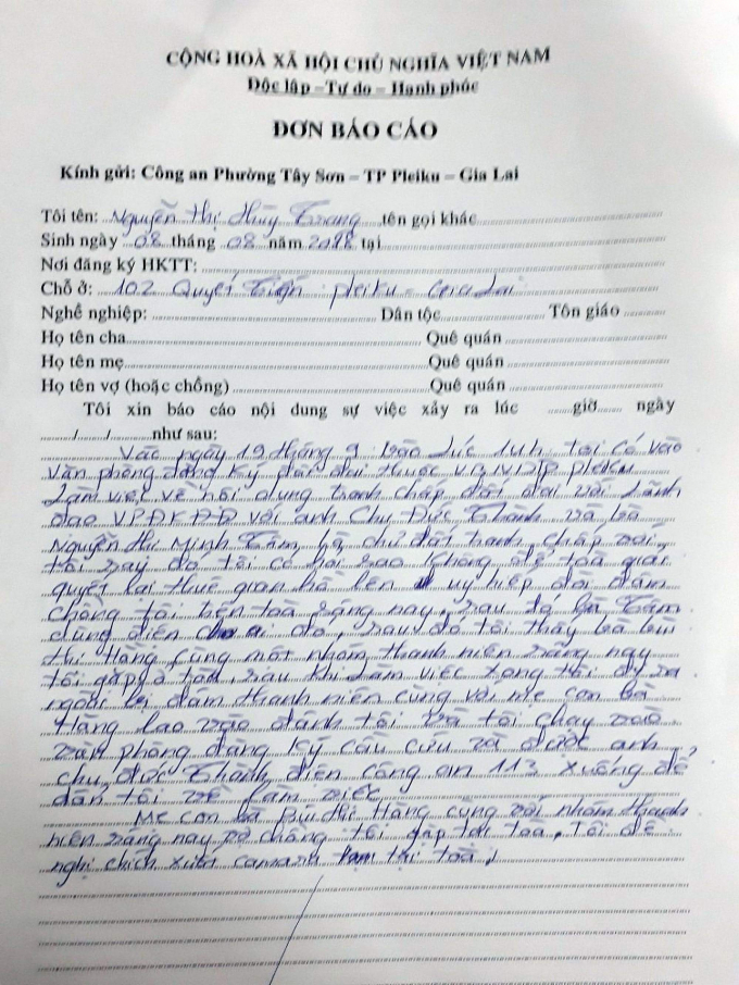 Đơn tố c&aacute;o của b&agrave; Nguyễn Thị Thuỳ Trang tố c&aacute;o b&agrave; Nguyễn Thị Minh T&acirc;m tại c&ocirc;ng an phường T&acirc;y Sơn