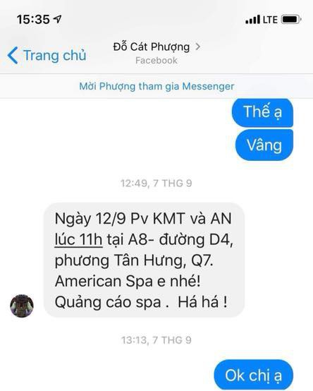 An Nguy chia sẻ tin nhắn của C&aacute;t Phượng gửi m&igrave;nh để th&ocirc;ng b&aacute;o địa điểm trả lời phỏng vấn c&ugrave;ng Kiều Minh Tuấn.