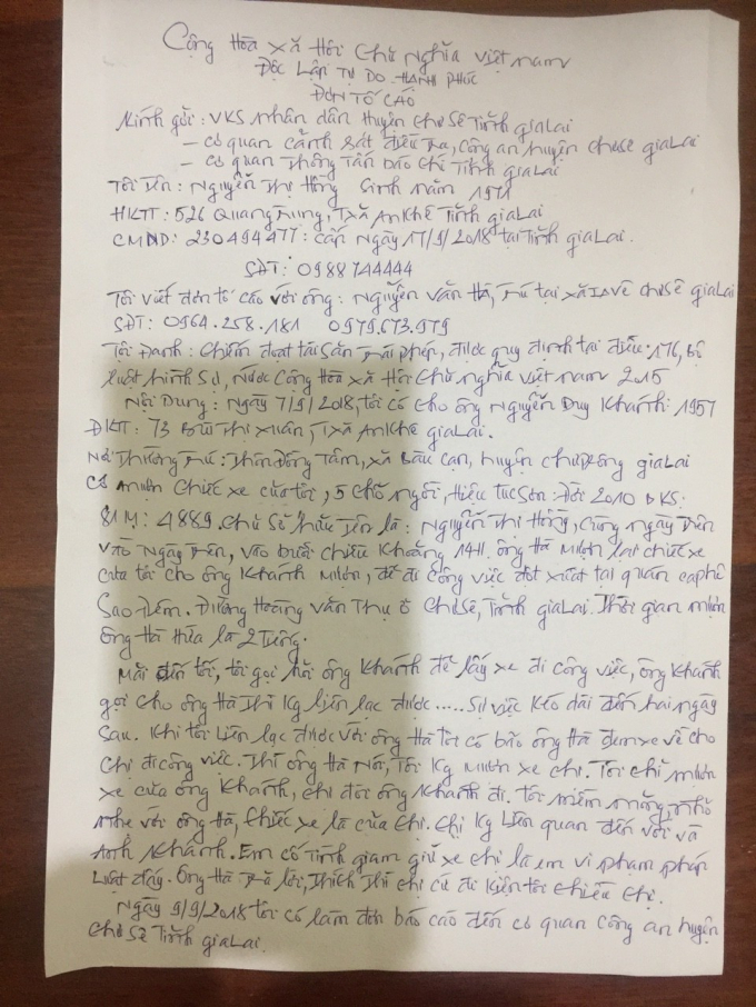 Đơn thư tố c&aacute;o&nbsp;đối tượng H&agrave; của b&agrave; Hồng gửi&nbsp;đến c&aacute;c cơ quan chức năng.