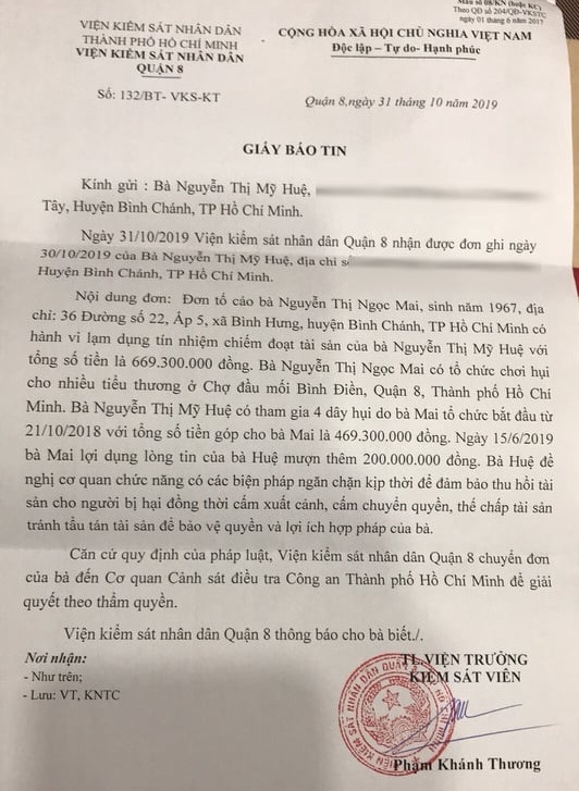 Giấy báo tin của VKSND Quận 8 chuyển đơn lên Cơ quan cảnh sát điều tra Công an TP HCM.