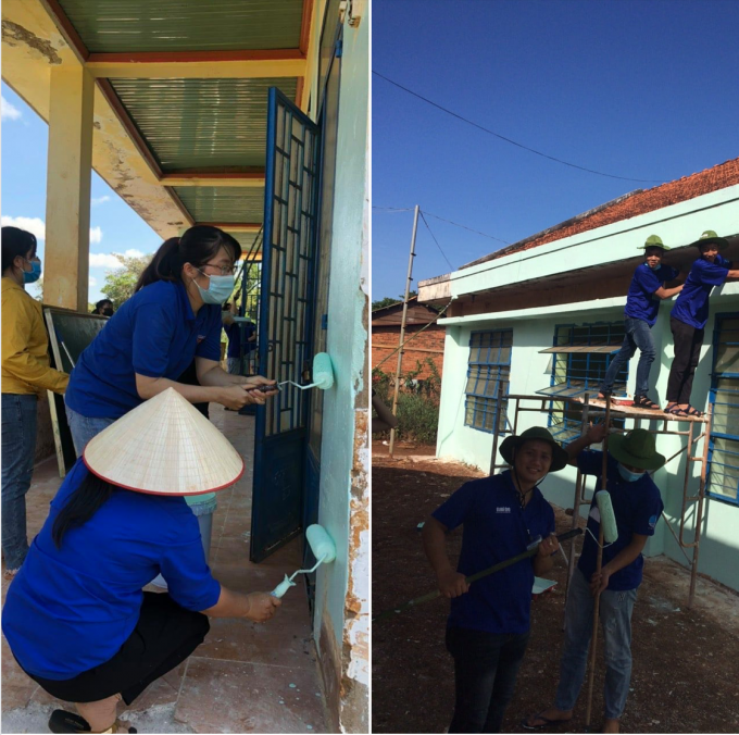 Áo xanh tình nguyện hăm hở sơn sửa trường học khu vực biên giới
