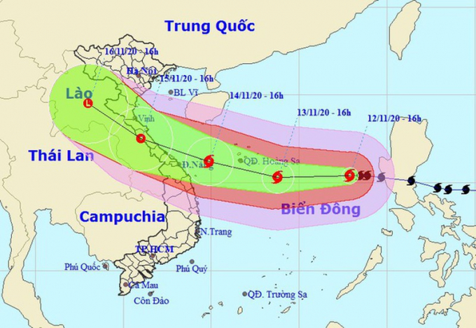 Vị trí và hướng di chuyển của bão số 13.