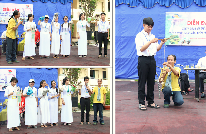 Anh Phan Tuấn Quốc - Trưởng nhóm Mekongaholics hướng dẫn các teen cách sử dụng các thể loại rối khác nhau và đề cập đến sự liên quan giữa các con rối và quá trình dạy và học