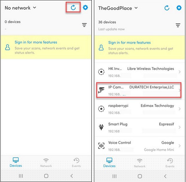 Thông tin về một camera đang có kết nối WiFi được liệt kê trên ứng dụng Fing