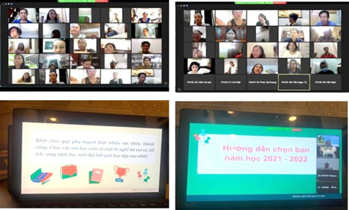 Một cuộc họp trực tuyến giữa phụ huynh v&agrave; gi&aacute;o vi&ecirc;n trong bối cảnh dịch bệnh.