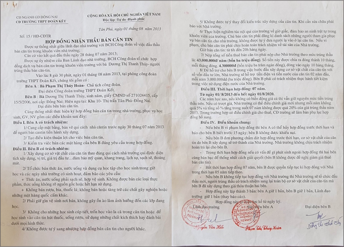 Bản hợp đồng được ký thầu bán căn tin giữa bà Dương Thị Thanh Thúy và đại diện Công đoàn Trường THPT Đoàn Kết