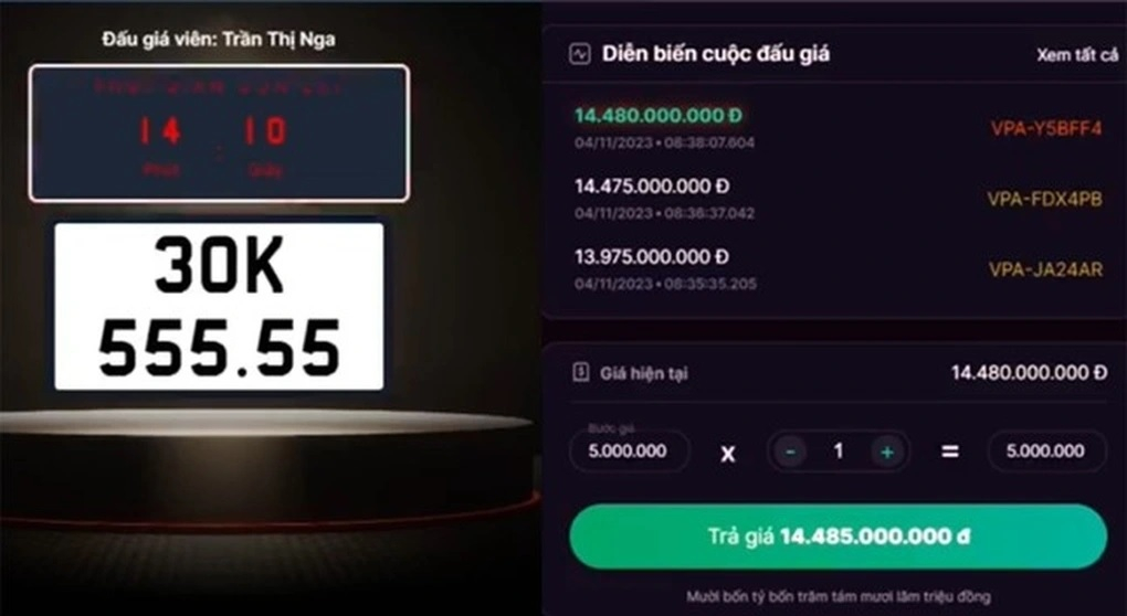 Biển số ô tô 30K-555.55 được đem ra đấu giá và người trúng đấu giá đã hoàn thành nghĩa vụ tài chính. (Ảnh chụp màn hình)