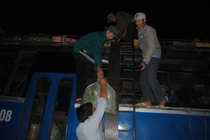Vận chuyển rau l&ecirc;n xe kh&aacute;ch mang đi ti&ecirc;u thụ. Ảnh Duy Ngợi