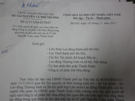 Văn bản 1575/ MG &ndash; STNMT&nbsp;mời họp của sở TN&amp;amp;amp;MT mời c&aacute;c sở ban ng&agrave;nh họp để giải quyết vấn đề tại Cty Dệt