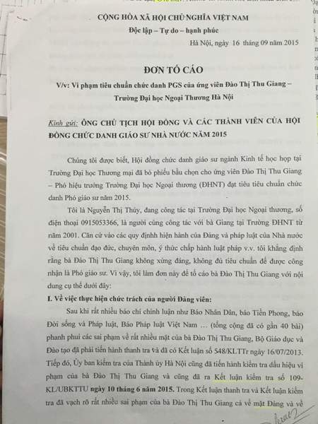 Đơn tố c&aacute;o của b&agrave; Th&uacute;y gửi c&aacute;c cơ quan chức năng đề nghị l&agrave;m r&otilde; những sai phạm của b&agrave; Đ&agrave;o Thị Thu Giang- Hiệu ph&oacute; Đại học ngoại thương