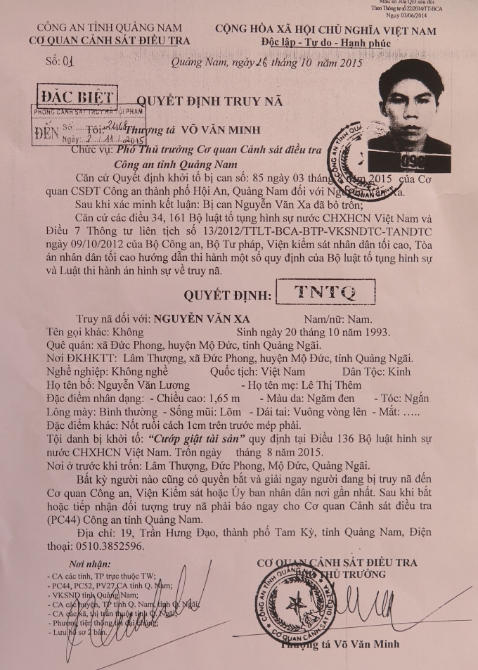 Quyết định truy n&atilde; Nguyễn Văn Xa (ảnh Phương Nam)
