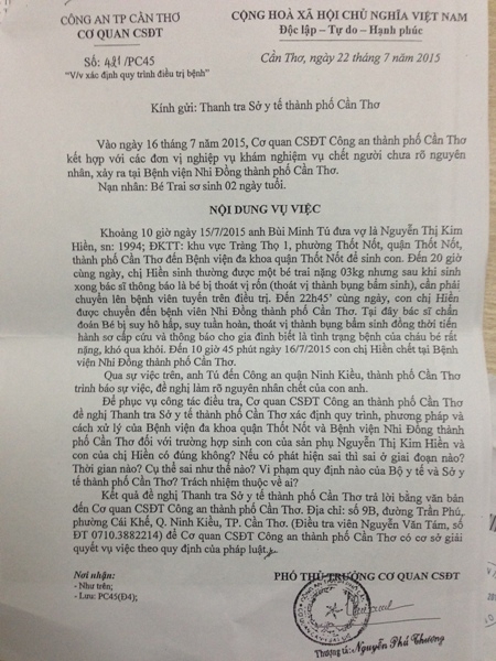 C&ocirc;ng văn của PC45 Cần Thơ đề nghị Sở Y tế Cần Thơ l&agrave;m r&otilde; nguy&ecirc;n nh&acirc;n c&aacute;i chết của con anh T&uacute;, chị Hiền