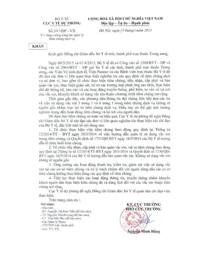 C&ocirc;ng văn chỉ đạo tăng cường c&ocirc;ng t&aacute;c quản l&yacute; ti&ecirc;m chủng dịch vụ của Cục Y tế dự ph&ograve;ng (Bộ Y tế).