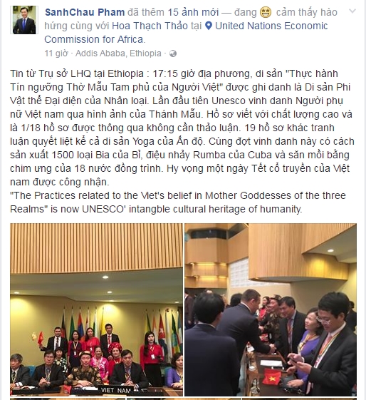 Đại sứ Phạm Sanh Ch&acirc;u chia sẻ trực tiếp sự vui mừng tr&ecirc;n trang c&aacute; nh&acirc;n Facebook c&aacute; nh&acirc;n.